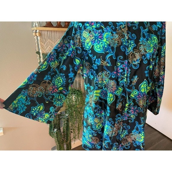 Alice Polynesian Womens Nehru Tiki Jacket Blue Floral Zip Up Mandarin Vintage M - Picture 6 of 12